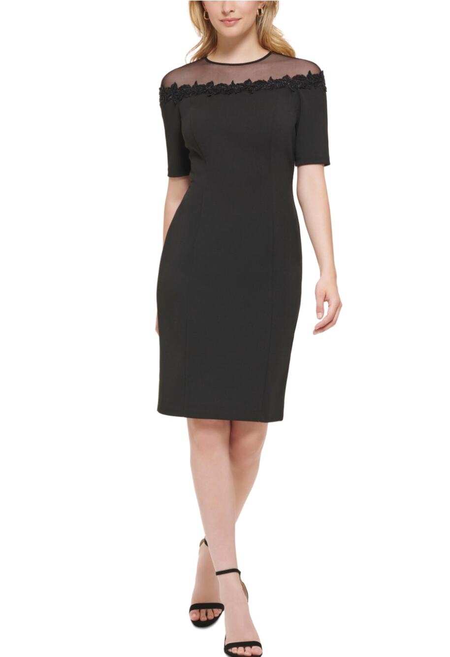Eliza J Women's Black Cocktail Dress Sequined Crepe Short Sleeve Sheath Size 8